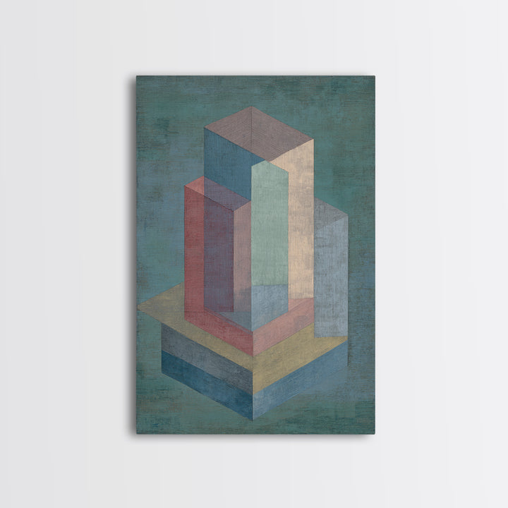 Teal Isometric Blocks Framed Canvas Print, Midcentury Modern Geometric Wall Art, Pastel Architecture Decor, MCM Artwork Print