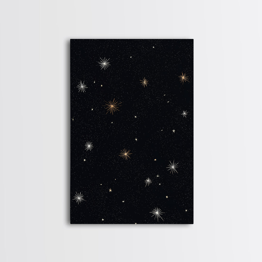 Black Night Sky Starburst Canvas Print, Gold White Celestial Wall Art, Retro Space Poster, Minimal Cosmic Modern Decor Print
