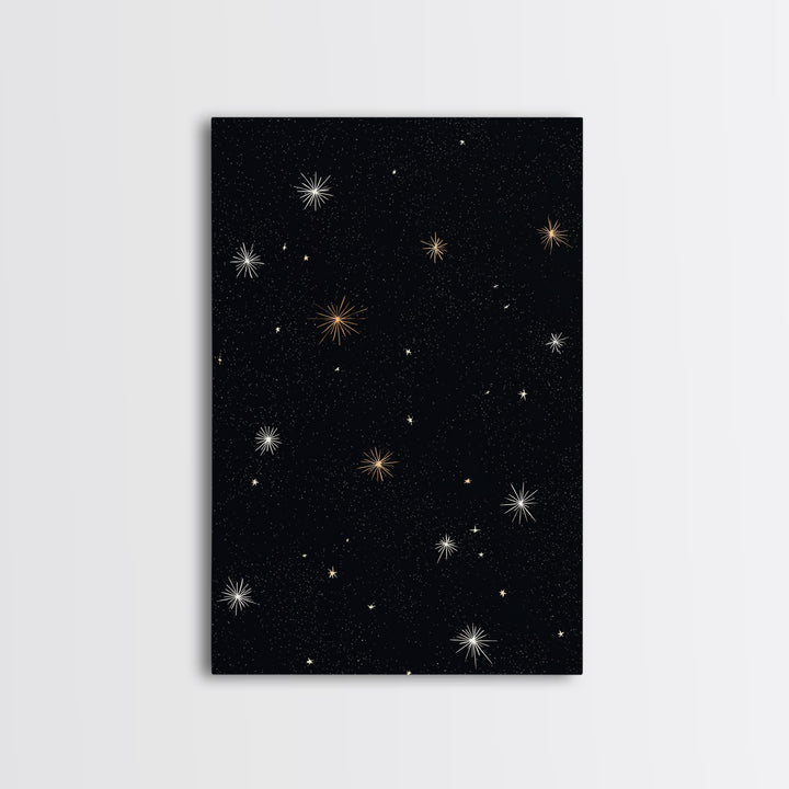 Black Night Sky Starburst Canvas Print, Gold White Celestial Wall Art, Retro Space Poster, Minimal Cosmic Modern Decor Print