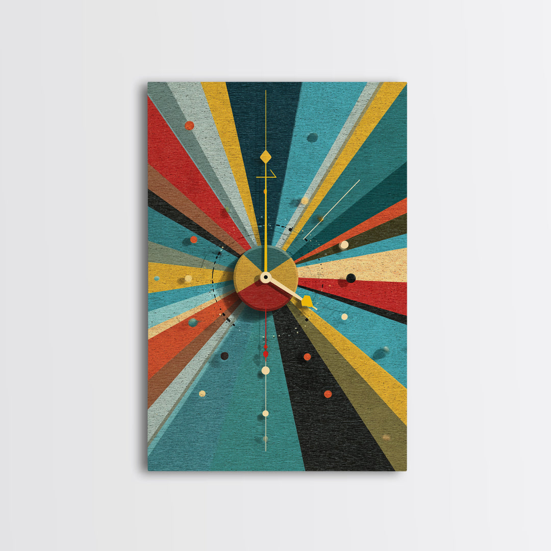 Textured Atomic Clock Sunburst Framed Canvas Print, Midcentury Modern Wall Art, Geometric MCM Poster For Living Room Decor