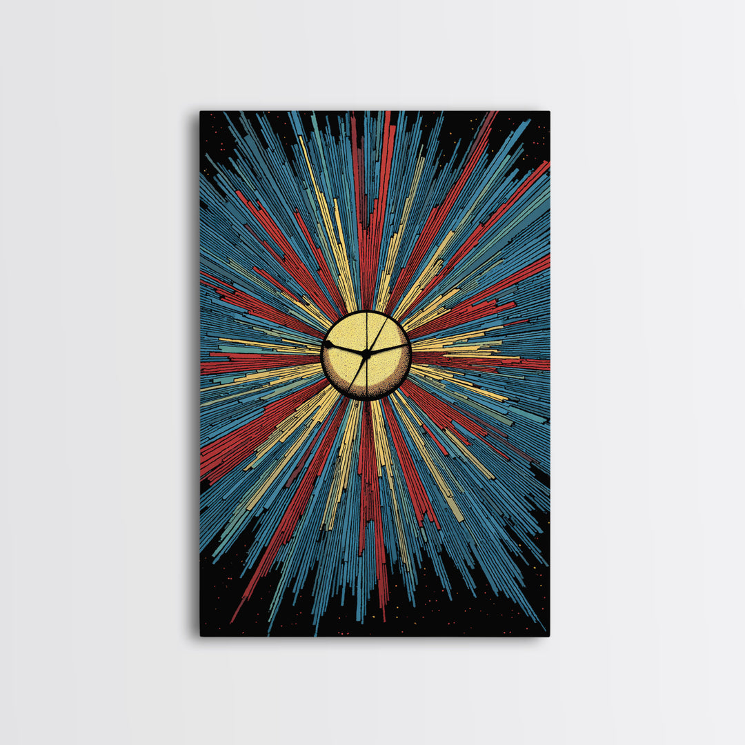 Bold Halftone Sunburst Clock Canvas Print, Retro Midcentury Wall Art, Atomic Space Poster, Colorful Modern Home Decor Gift
