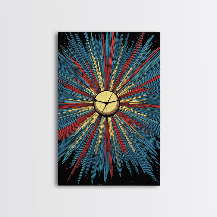 Bold Halftone Sunburst Clock Canvas Print, Retro Midcentury Wall Art, Atomic Space Poster, Colorful Modern Home Decor Gift