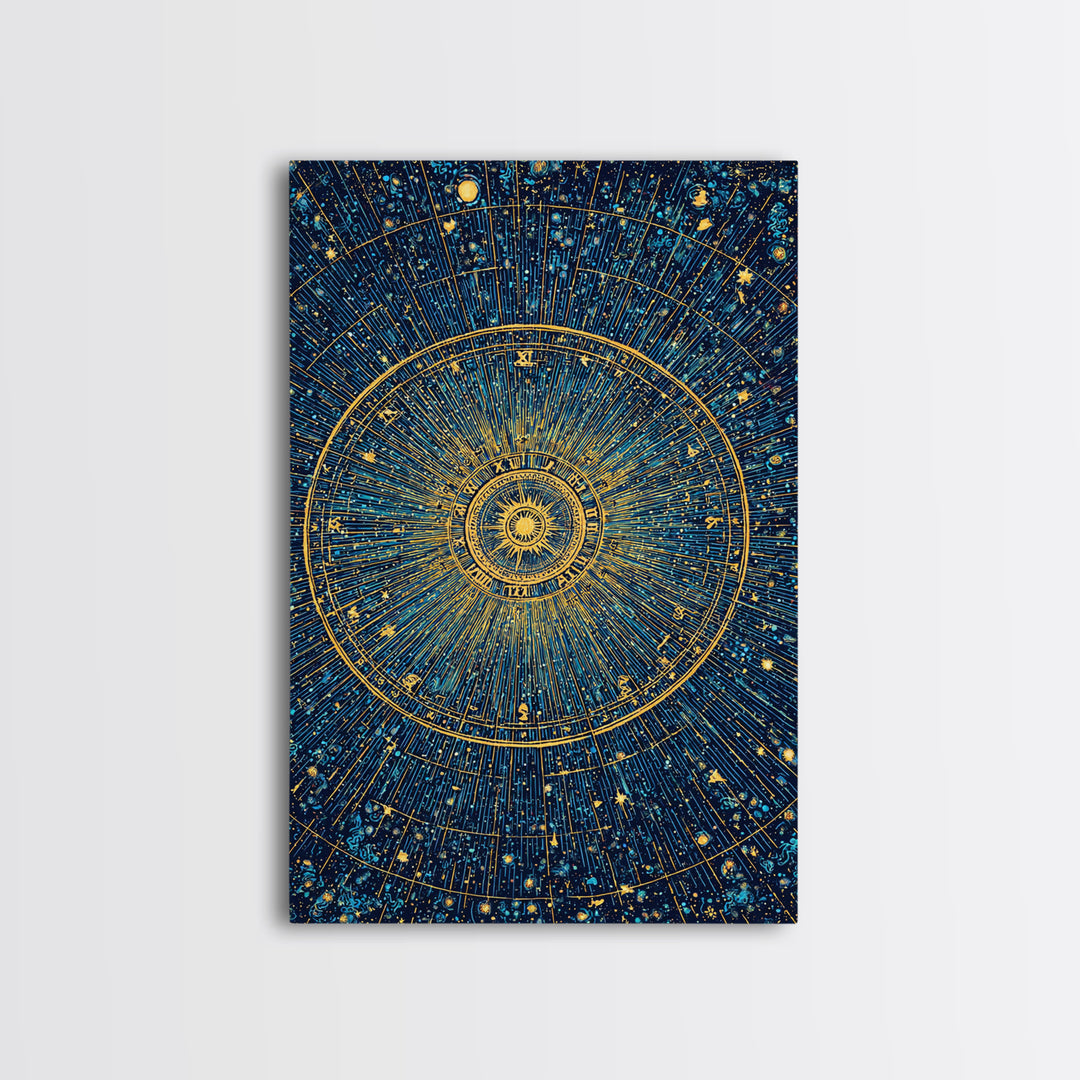 Gold Zodiac Star Chart Wall Art, Celestial Astronomy Poster, Cosmic Midcentury Modern Art Print, Navy Blue Home Decor Gift