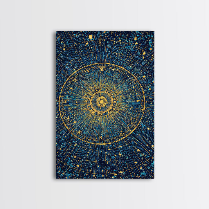 Gold Zodiac Star Chart Wall Art, Celestial Astronomy Poster, Cosmic Midcentury Modern Art Print, Navy Blue Home Decor Gift