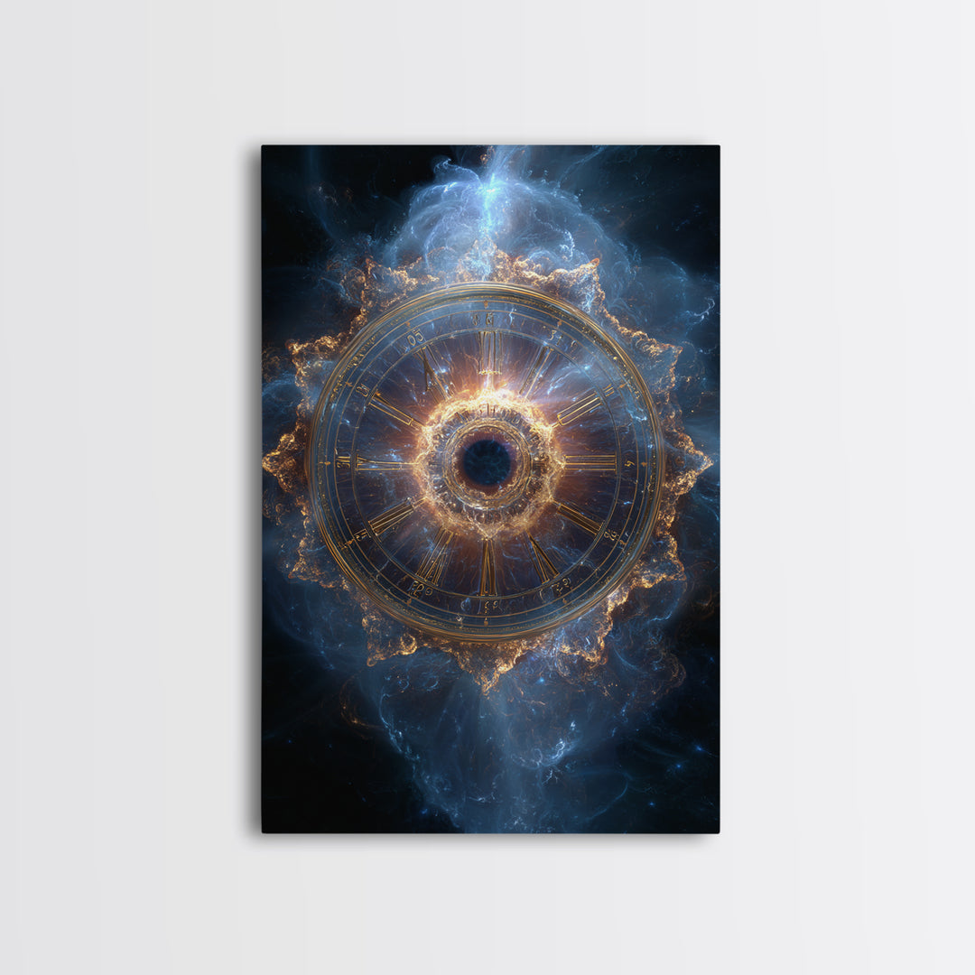 Glowing Cosmic Zodiac Clock Framed Canvas Print, Nebula Space Wall Art, Astrology Poster, Luxury Celestial Home Decor Gift