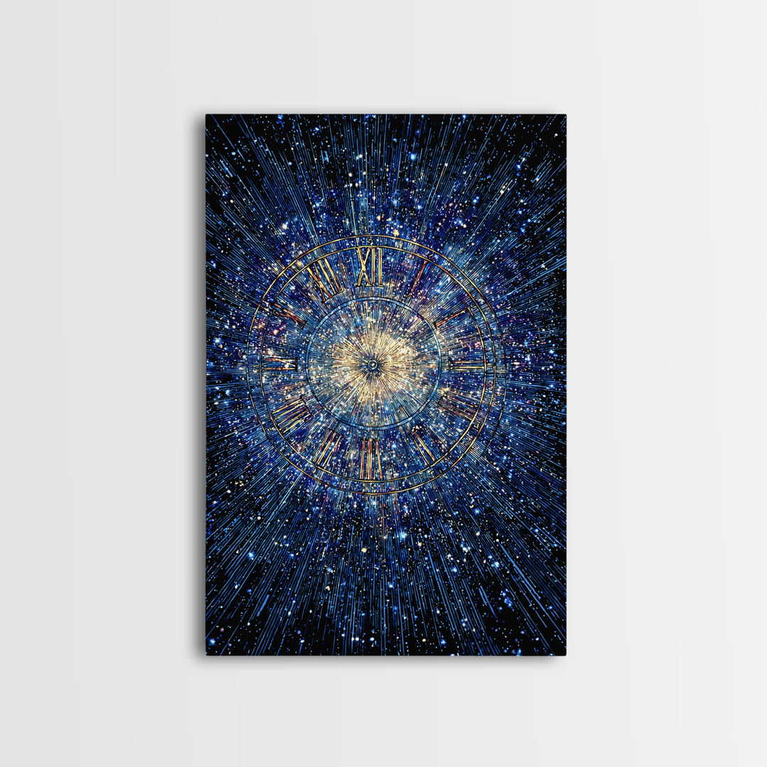 Blue Galaxy Roman Numeral Clock Canvas Print, Celestial Space Wall Art, Cosmic Starburst Poster, Modern Home Office Decor