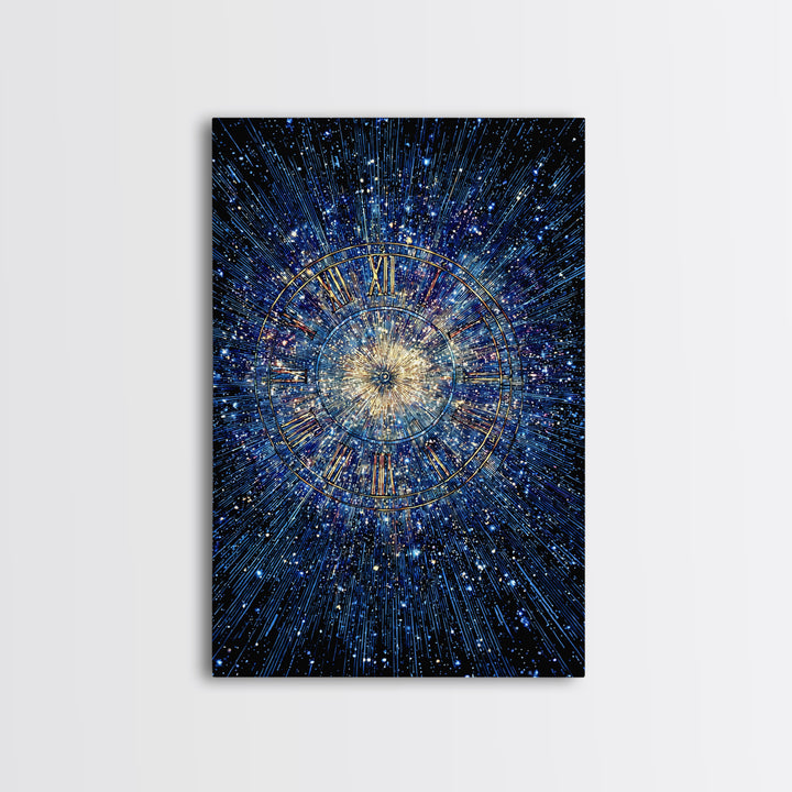 Blue Galaxy Roman Numeral Clock Canvas Print, Celestial Space Wall Art, Cosmic Starburst Poster, Modern Home Office Decor