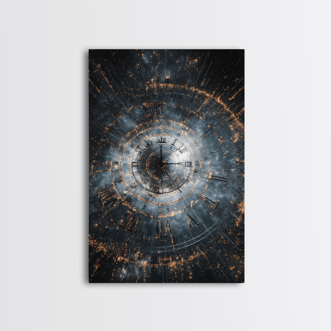 Smoky Spiral Time Clock Wall Art, Roman Numeral Galaxy Poster, Cosmic Framed Canvas Print, Dark Modern Office Decor Gift