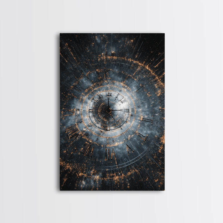 Smoky Spiral Time Clock Wall Art, Roman Numeral Galaxy Poster, Cosmic Framed Canvas Print, Dark Modern Office Decor Gift