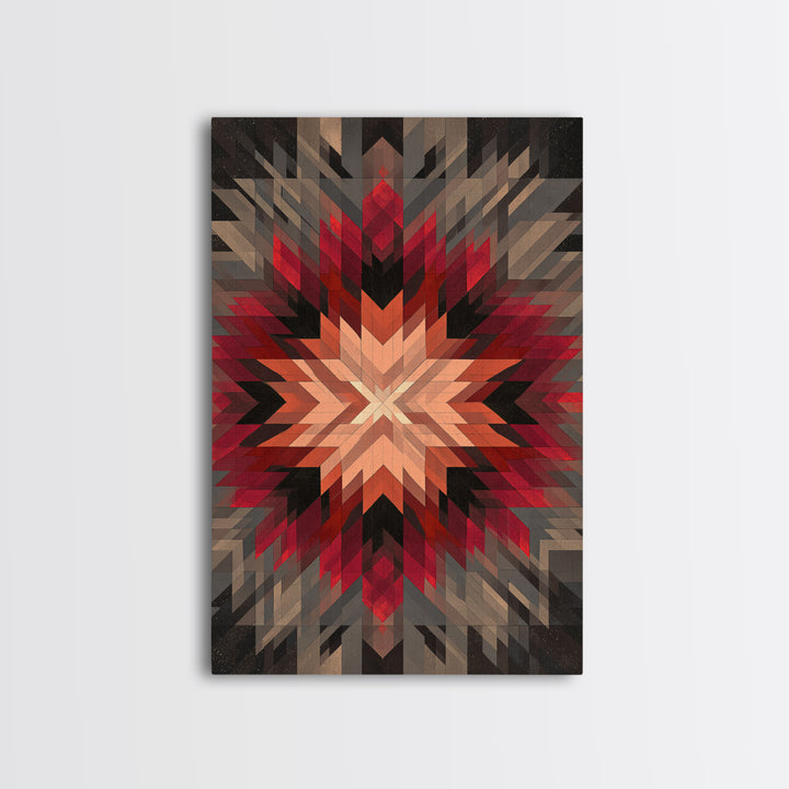 Red Gray Southwestern Starburst, Framed Canvas Print, Geometric Wall Art, Bold Abstract Decor, Rustic Modern Living Room Poster