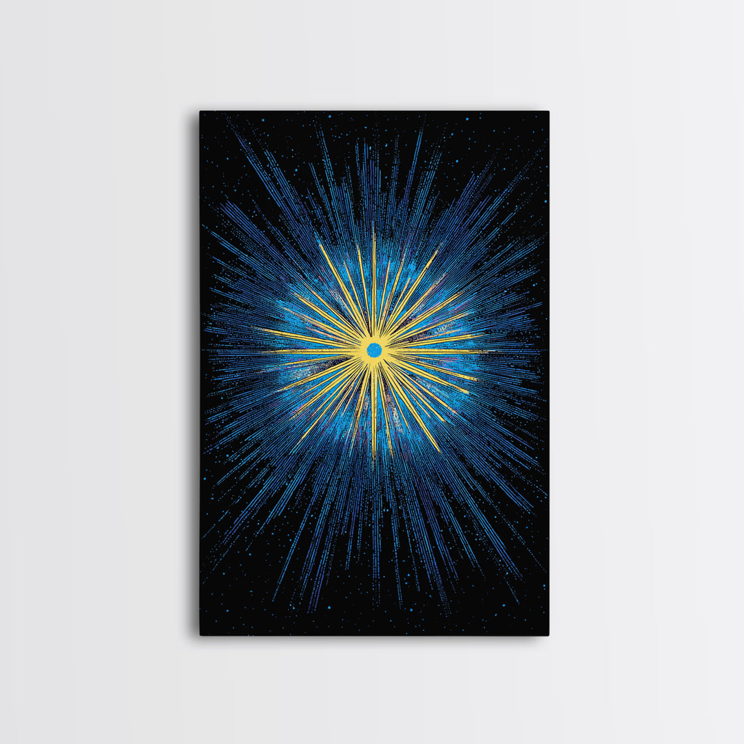 Blue Yellow Cosmic Starburst Wall Art, Space Abstract Art, Modern Digital Art, Retro Sci Fi Poster, Kids Room Decor, Large Print