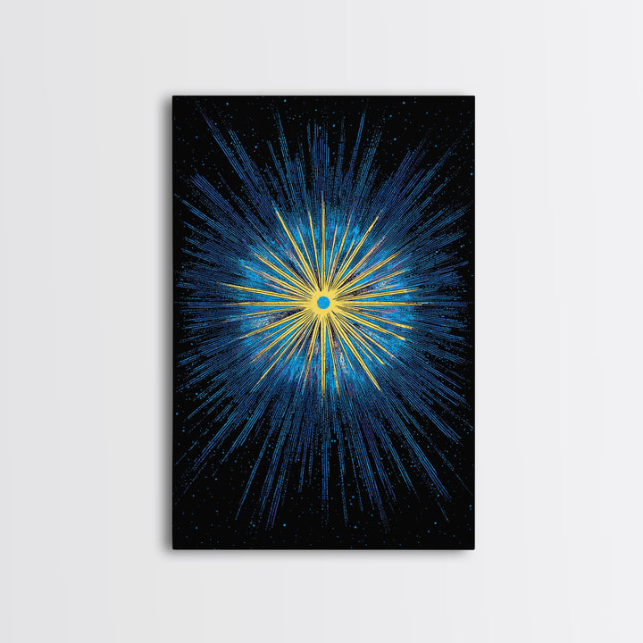 Blue Yellow Cosmic Starburst Wall Art, Space Abstract Art, Modern Digital Art, Retro Sci Fi Poster, Kids Room Decor, Large Print