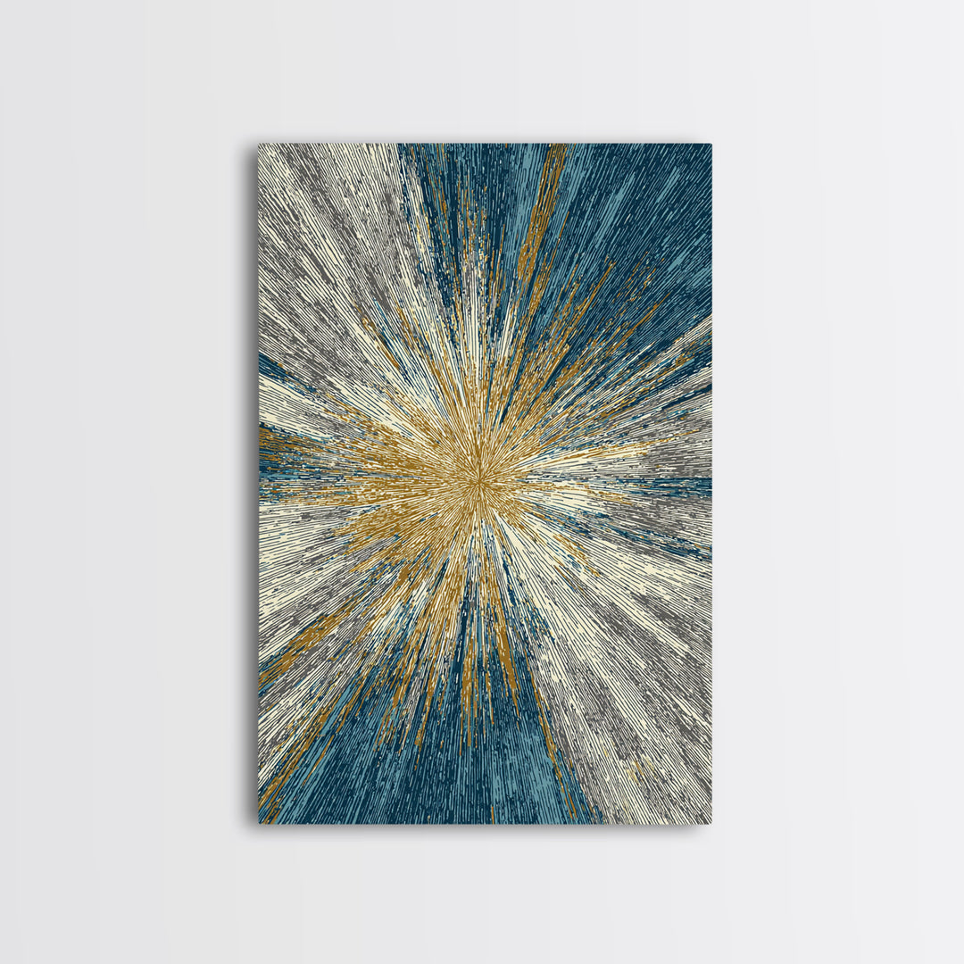Gold And Teal Radiating Starburst Canvas Print, Midcentury Modern Art, Atomic Retro Wall Decor, Bold Geometric Home Decor