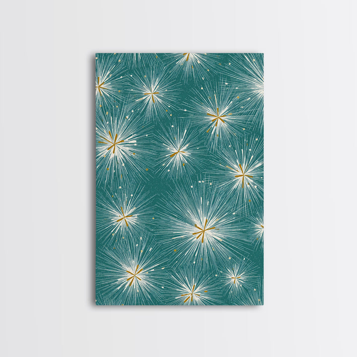Teal Atomic Starburst Pattern Wall Art, Midcentury Modern Art Print, Retro Wall Decor, Gold White Abstract Home Decor Print