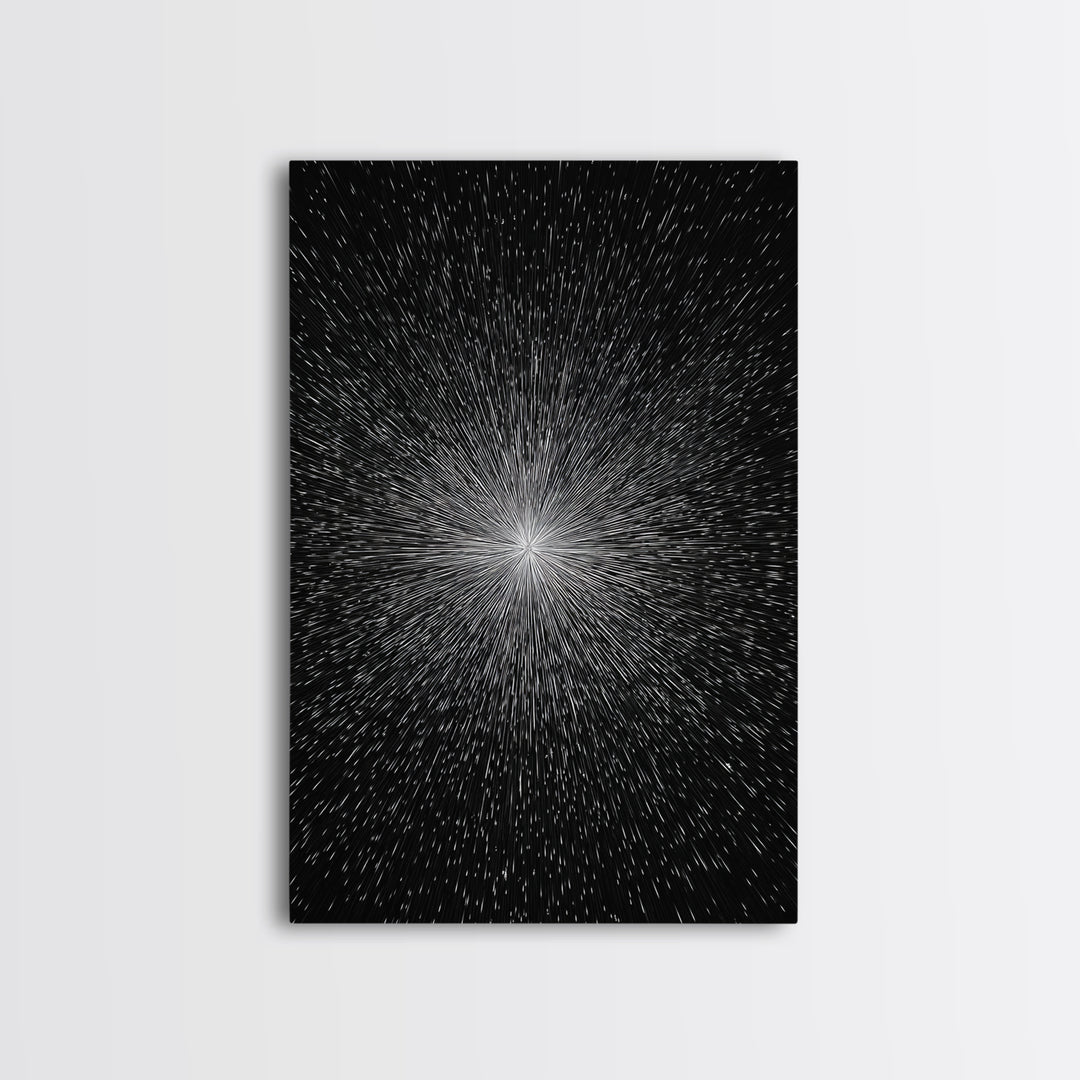 Black White Warp Speed Starburst Canvas Print, Modern Abstract Art, Space Wall Decor, Minimalist Sci Fi Poster, Cosmic Decor
