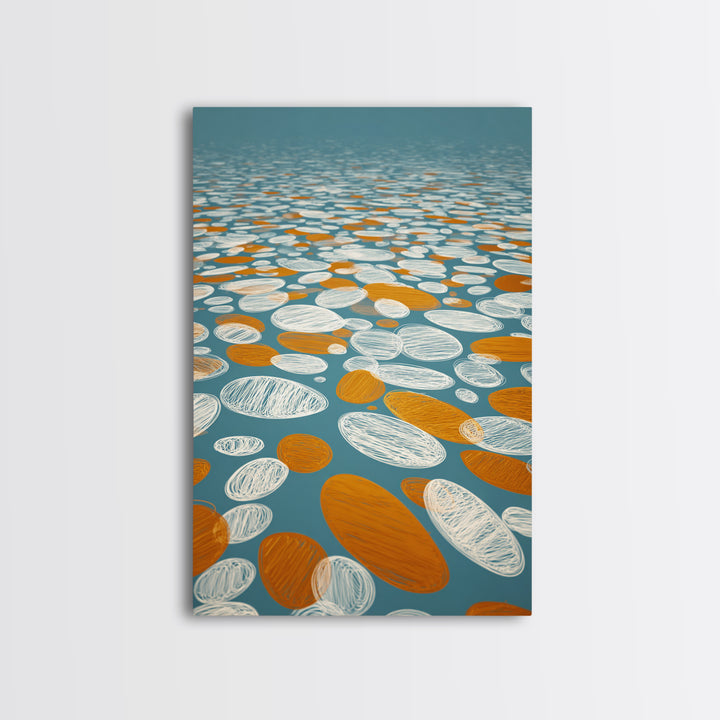 Orange White Floating Pebble Wall Art, Modern Abstract Art Print, Retro Geometric Decor, Blue Coastal Perspective Poster