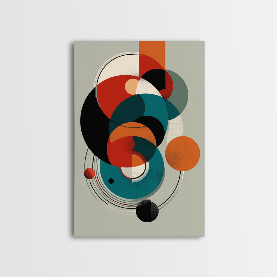 Orange Teal Geometric Circles Framed Canvas Print, Midcentury Modern Wall Art, Bauhaus Abstract Decor, Retro Home Decor Print