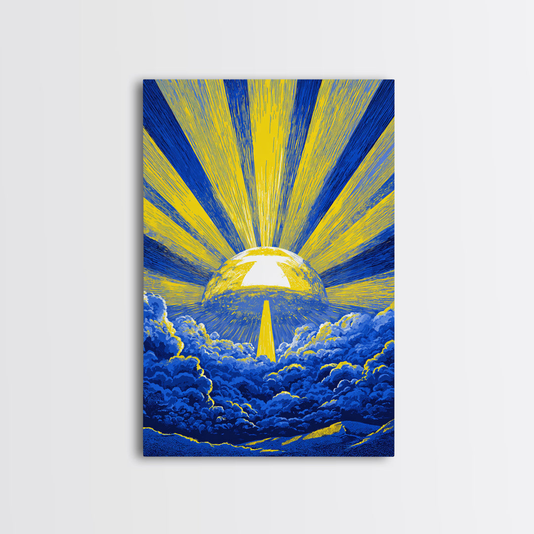 Blue Yellow Celestial Sunburst Canvas Print, Mid Century Modern Wall Decor, Abstract Sun Rays, Cosmic Retro Poster For Living Room