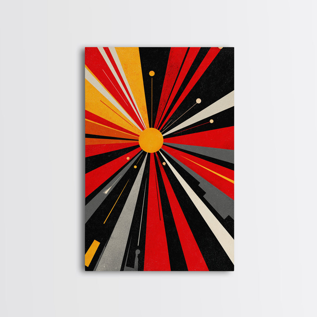 Atomic Red Black Starburst Canvas Print, Mid Century Modern Abstract Wall Art, Geometric Space Poster, Retro Bauhaus Decor