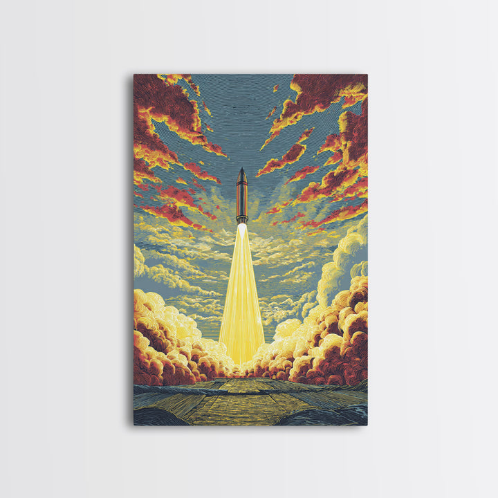 Golden Rocket Launch Framed Canvas Print, Mid Century Modern Space Wall Art, Retro Sci Fi Poster, Dramatic Cloudscape Decor