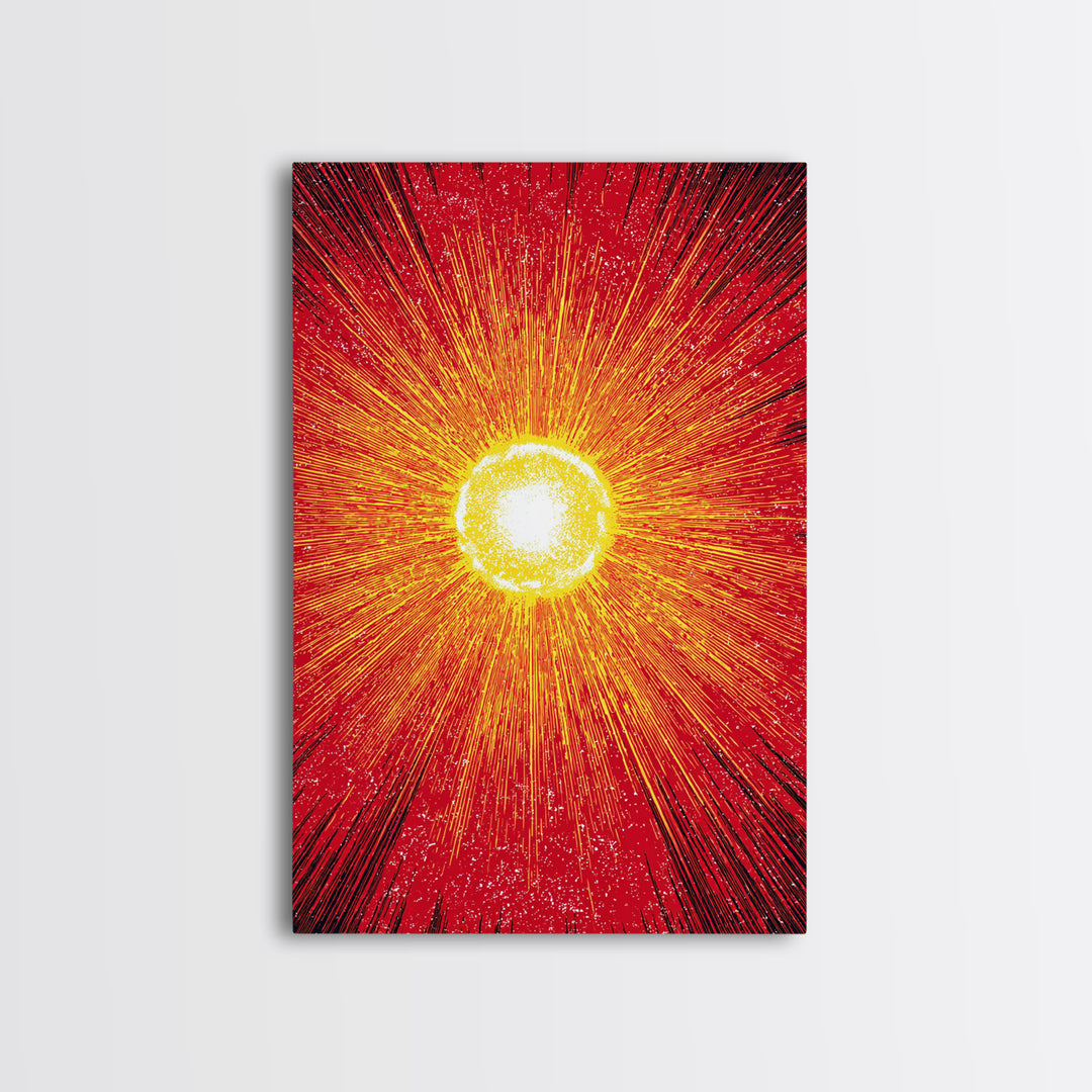 Blazing Red Solar Sun Wall Art, Mid Century Modern Abstract Poster, Orange Yellow Energy Rays, Atomic Retro Decor Print Gift