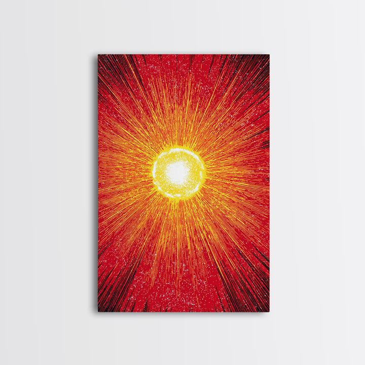 Blazing Red Solar Sun Wall Art, Mid Century Modern Abstract Poster, Orange Yellow Energy Rays, Atomic Retro Decor Print Gift