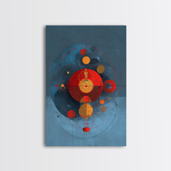 Blue Red Orbital Geometry Canvas Print, Mid Century Modern Abstract Wall Art, Atomic Circles Poster, Bauhaus Home Decor Gift