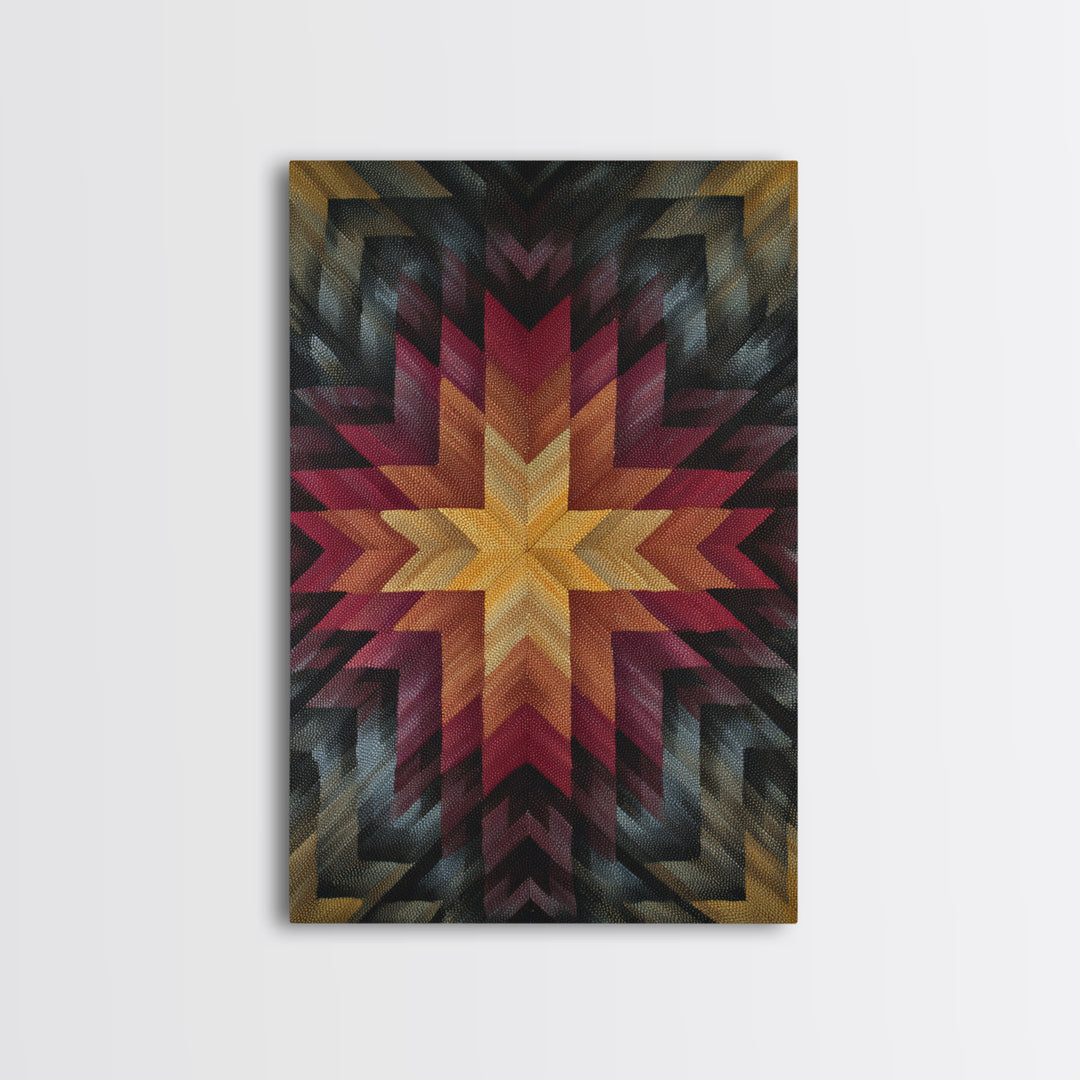 Southwestern Geometric Star Quilt Canvas Print, Midcentury Modern Wall Decor, Red Gold Black Abstract Statement Art For Living Room