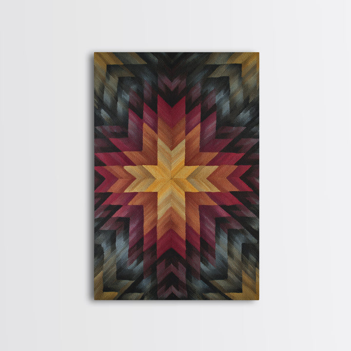 Southwestern Geometric Star Quilt Canvas Print, Midcentury Modern Wall Decor, Red Gold Black Abstract Statement Art For Living Room