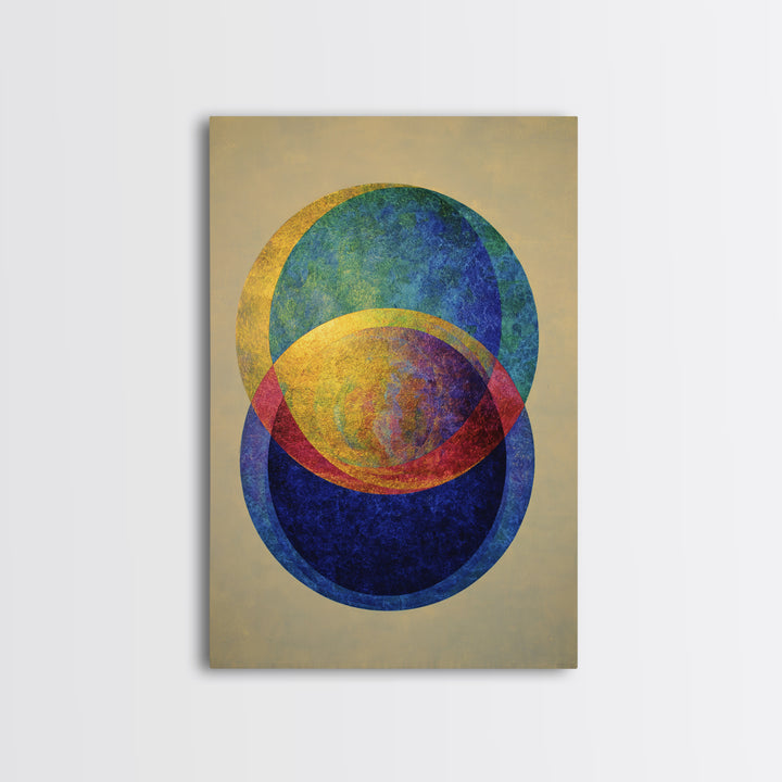 Overlapping Circle Geometry Framed Canvas Print, Mid Century Modern Abstract Wall Art, Colorful Bauhaus Decor, Textured Poster
