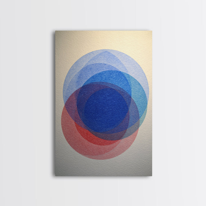 Soft Blue Red Overlapping Circles Framed Canvas Print, Minimalist Midcentury Modern Wall Art, Geometric Bedroom Decor, Blue Art Print