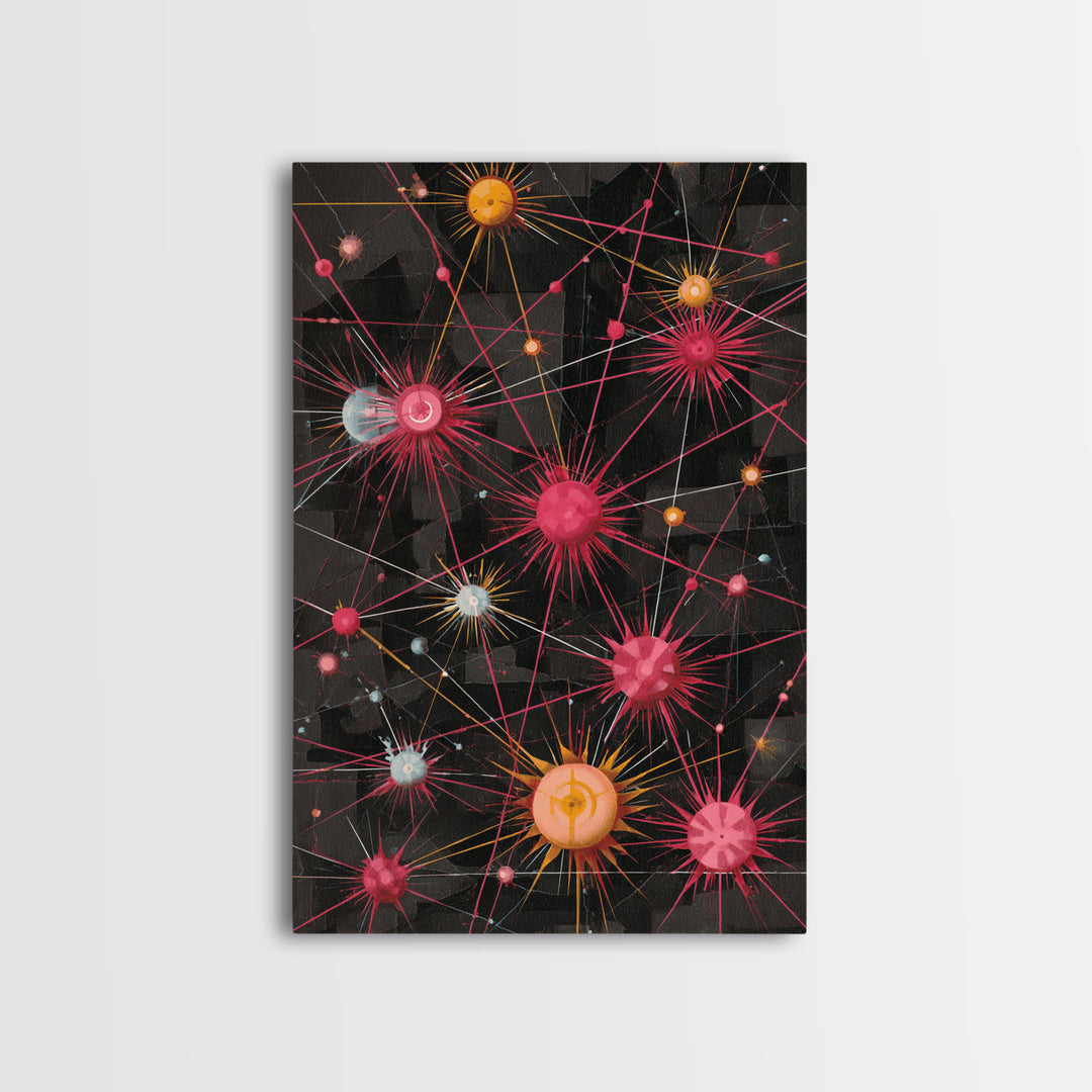 Atomic Pink Orange Network Wall Art, Midcentury Modern Abstract Print, Space Age Geometric Decor For Living Room Home Office