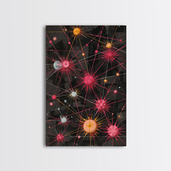 Atomic Pink Orange Network Wall Art, Midcentury Modern Abstract Print, Space Age Geometric Decor For Living Room Home Office