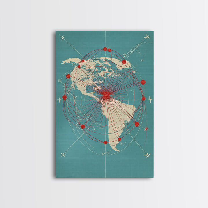 Retro Americas Flight Route Map Canvas Print, Midcentury Modern Travel Wall Decor, Teal Red Atomic Aviation Poster For Office