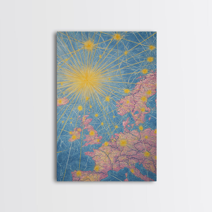 Europe Flight Route Map Canvas Print, Midcentury Modern Travel Wall Decor, Blue Pink Atomic Aviation Poster For Office Living Room