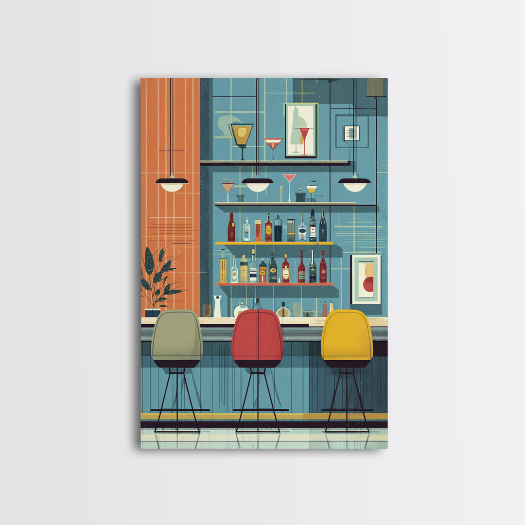 Colorful Retro Cocktail Bar With Three Chairs Canvas Print, Midcentury Modern Wall Decor, Bar Cart Art, Kitchen Poster Gift
