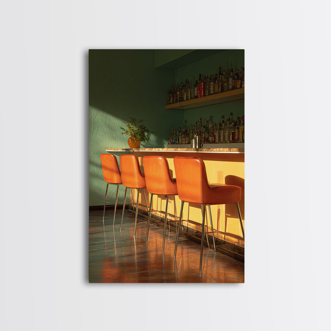 Green And Orange Sunlit Cocktail Bar With Stools Canvas Print, Midcentury Modern Wall Art, Retro Decor, Warm Lounge Poster