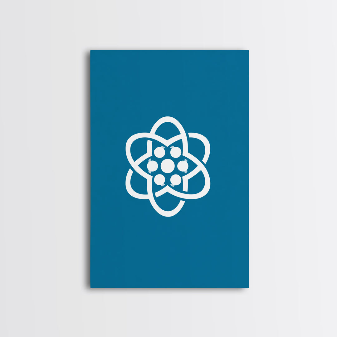 Minimal White Atomic Symbol On Teal Blue Wall Art, Midcentury Modern Space Poster, Geometric Art Print, Retro Office Decor