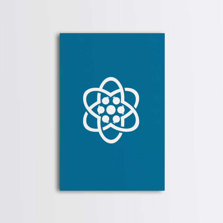 Minimal White Atomic Symbol On Teal Blue Wall Art, Midcentury Modern Space Poster, Geometric Art Print, Retro Office Decor