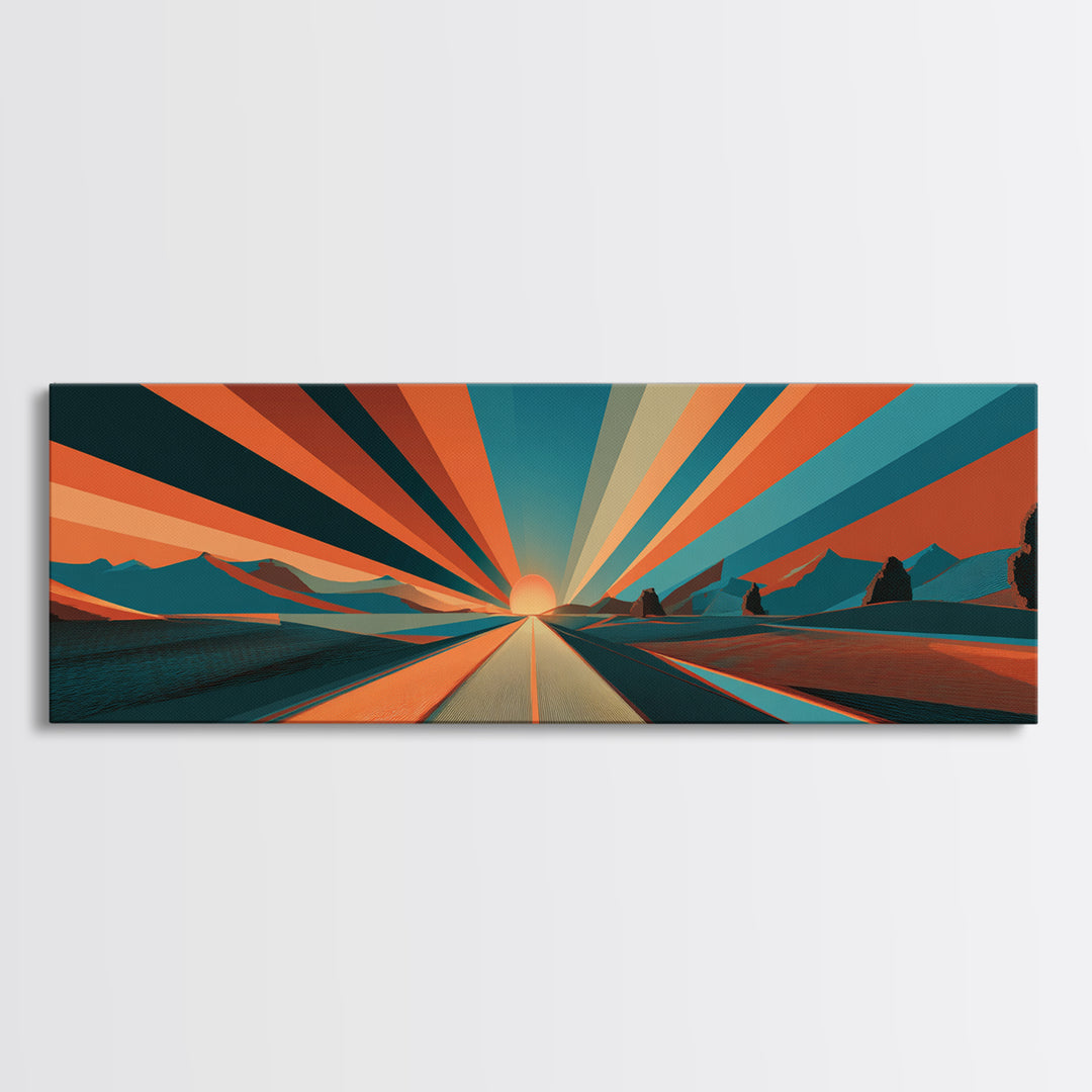 Retro Desert Road Sunburst Canvas Print, Midcentury Modern Wall Art, Orange Teal Landscape Poster, Palm Springs Decor Gift