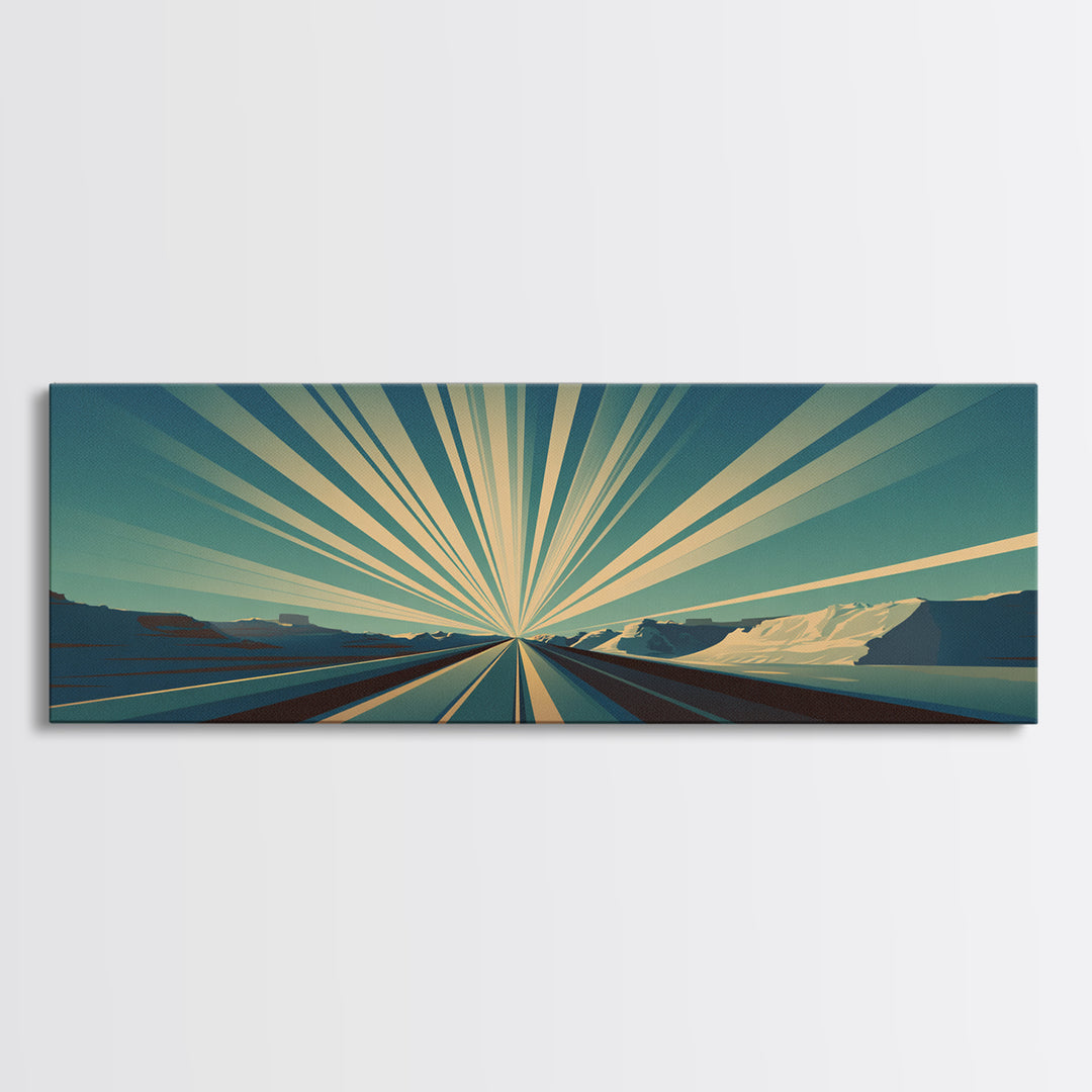 Radiant Teal Highway Horizon Wall Art, Midcentury Modern Art Print, Retro Landscape Poster, Modern Wall Decor For Office