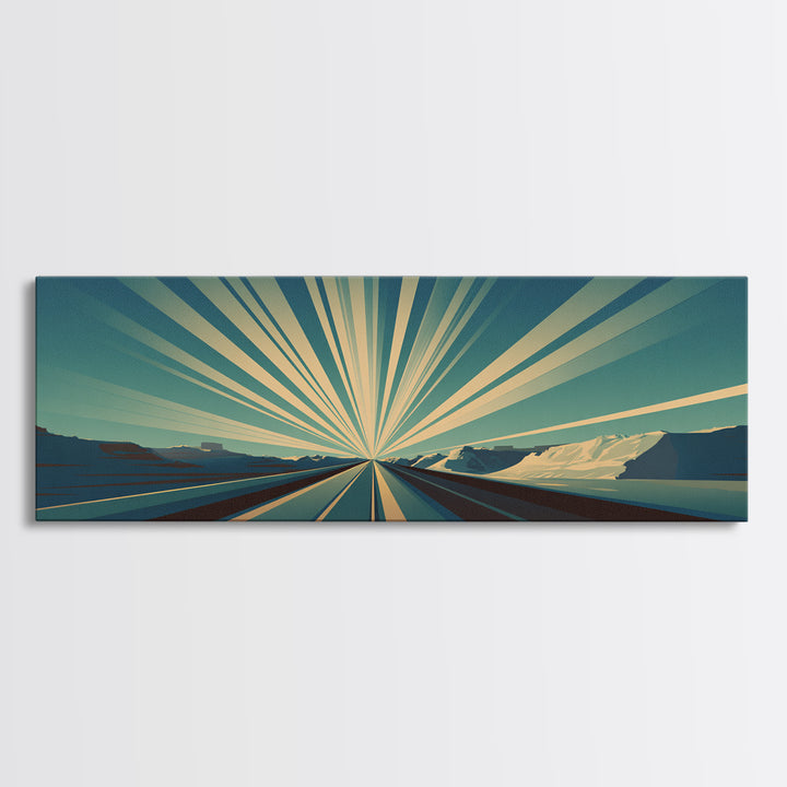 Radiant Teal Highway Horizon Wall Art, Midcentury Modern Art Print, Retro Landscape Poster, Modern Wall Decor For Office