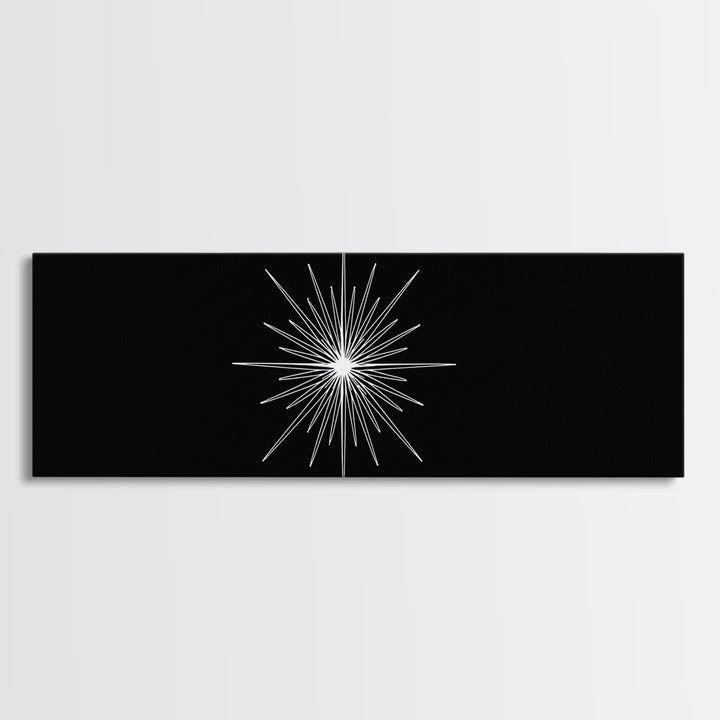 White Atomic Starburst On Black Wall Art, Mid Century Modern Decor, Retro Geometric Print, Minimalist MCM Wall Decor, Abstract Art