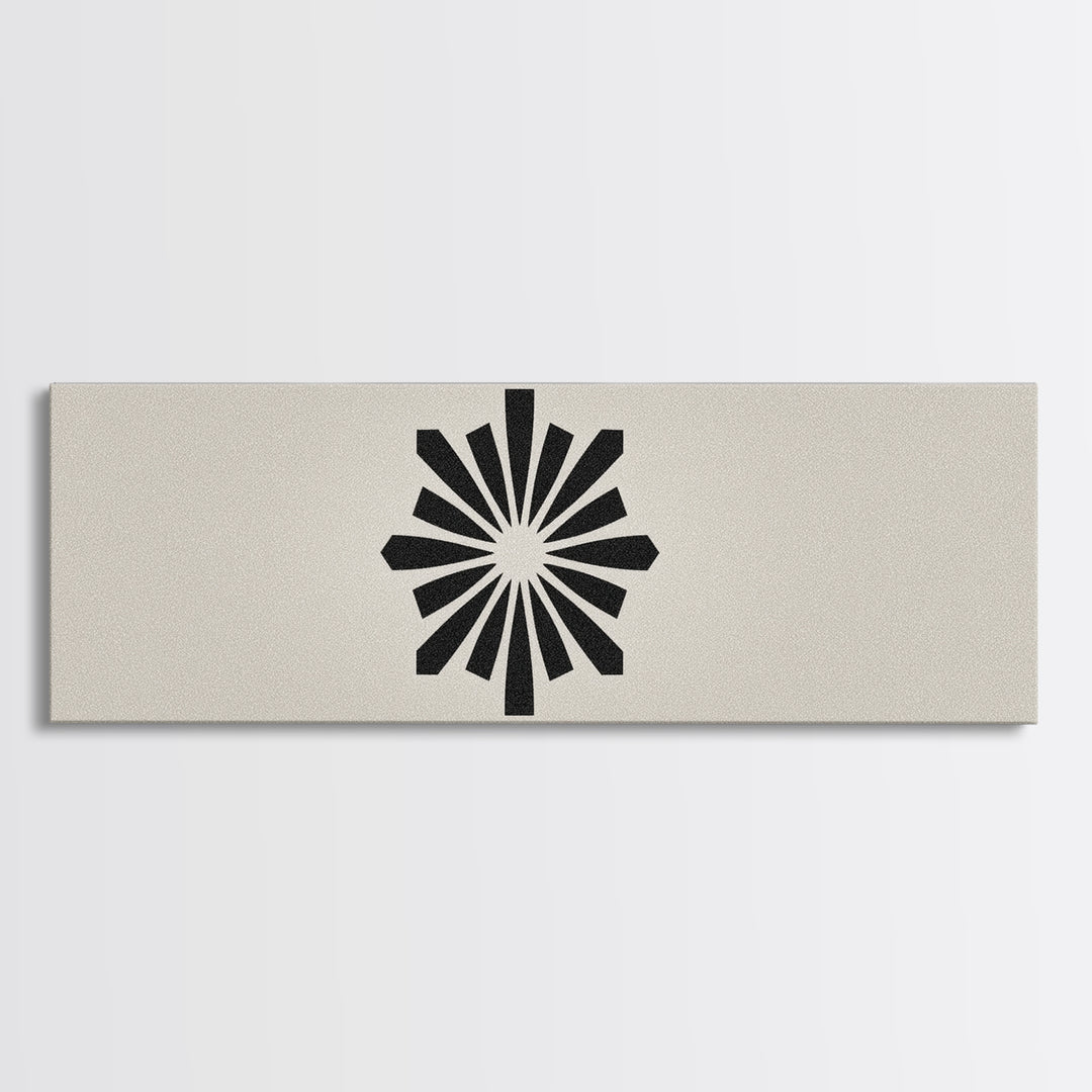 Black Radial Sunburst On Beige Canvas Print, Mid Century Modern Art, Atomic Retro Poster, Minimalist Geometric Wall Decor
