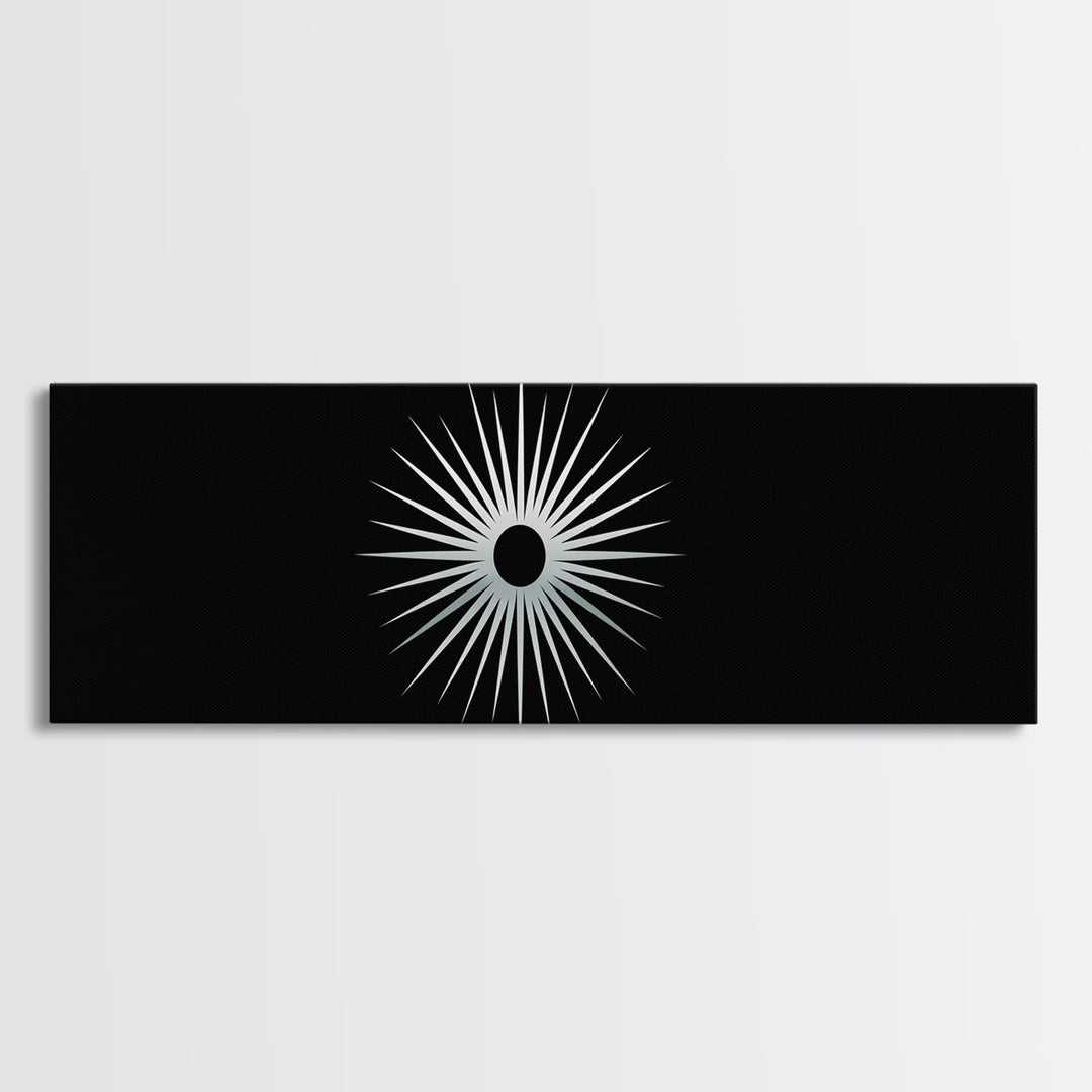 White Solar Eclipse Starburst Wall Art, Mid Century Modern Print, Black Retro Abstract Poster, Atomic MCM Wall Decor, Minimalist Art
