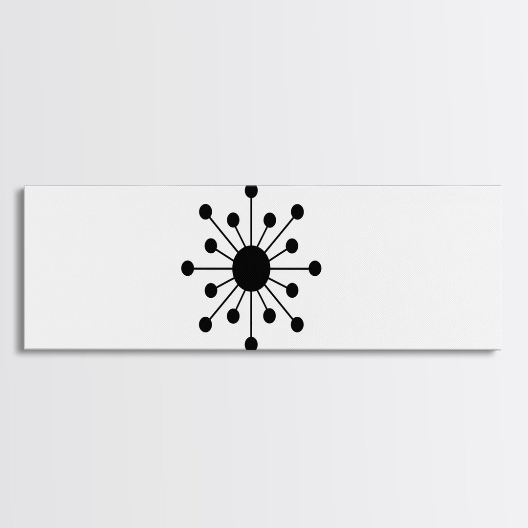 Black Atomic Orb And Dots Framed Canvas Print, Mid Century Modern Art, Retro Geometric Poster, Minimalist MCM Decor, Wall Art