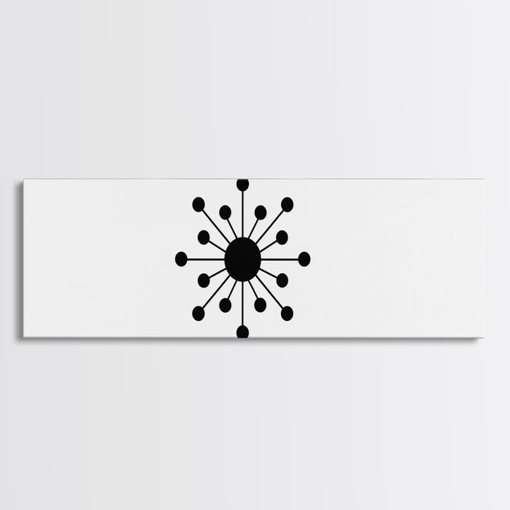 Black Atomic Orb And Dots Framed Canvas Print, Mid Century Modern Art, Retro Geometric Poster, Minimalist MCM Decor, Wall Art