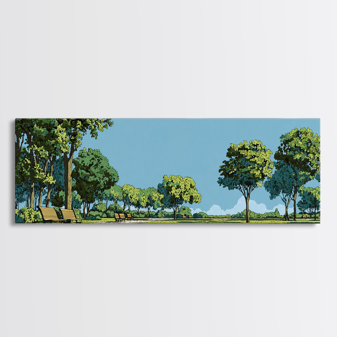 Sunny Green Park With Benches Wall Art, Mid Century Modern Landscape Print, Nature Wall Decor, Scenic Living Room Art, Office Decor