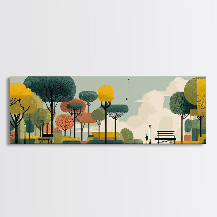 Autumn Modern Park With Benches Canvas Print, Mid Century Modern Art, Scandinavian Landscape Poster, Colorful Nature Decor