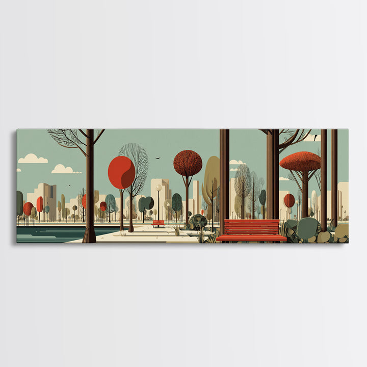 Red Bench City Park In Autumn Wall Art, Mid Century Modern Landscape Print, Retro Urban Poster, Colorful Living Room Decor